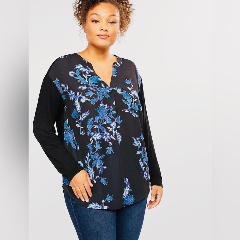 LB Mixed Fabric Top Navy w/Floral Print Shades of Blue 14/16 - Picture 3 of 5